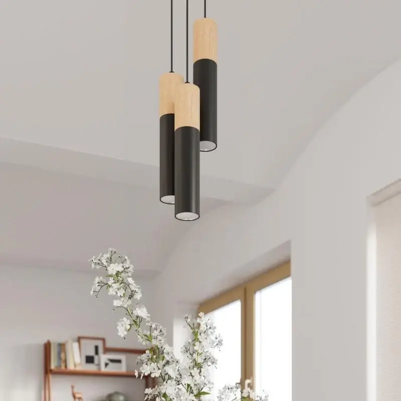 Meilleur Choix Suspension Design 3 Lampes Bois Noir Élégant pour Ampoules GU10