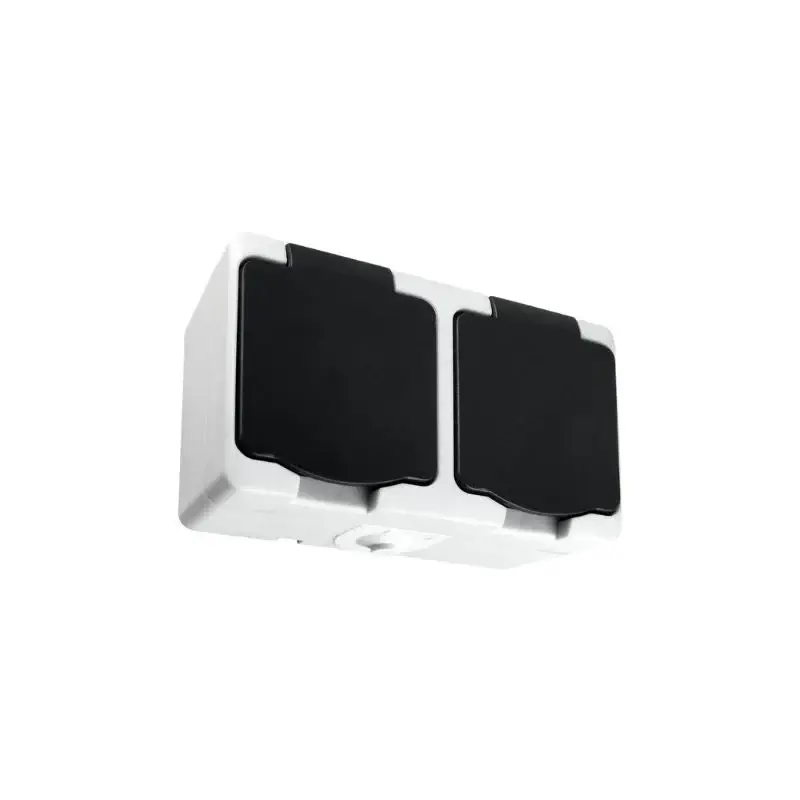 Haute Qualité Prise Double Étanche + Clapet Noir IP54 2P+T Saillie