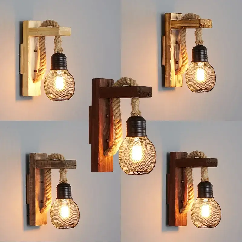 Réduction Applique murale vintage industrielle en bois avec corde de chanvre