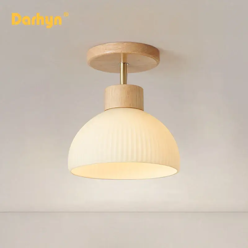 Simple wood chandelier with glass lampshade Solde