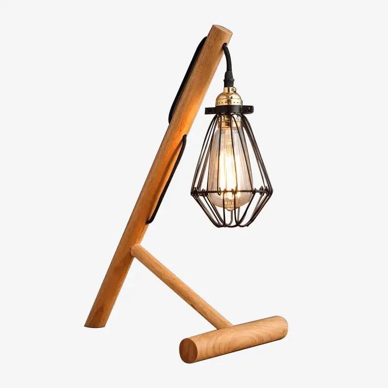 Solde Desk or bedside lamp with wooden base and metal cage shade