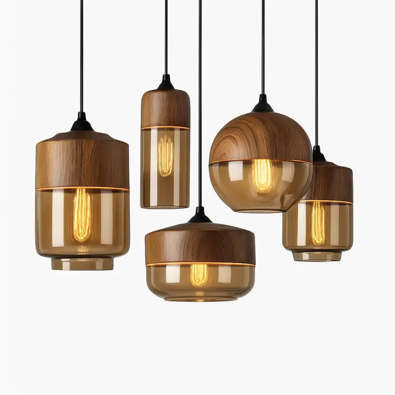 Authentique Designer wood and glass pendant light loft retro