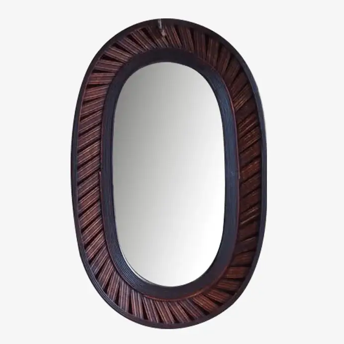 Decorative long oval wall mirror in dark brown bamboo Solde