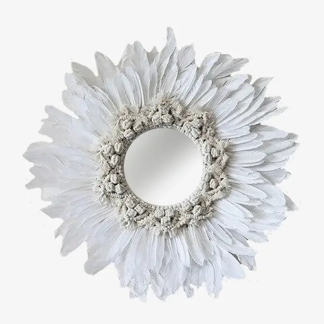 Remise Modern white feather round decorative wall mirror