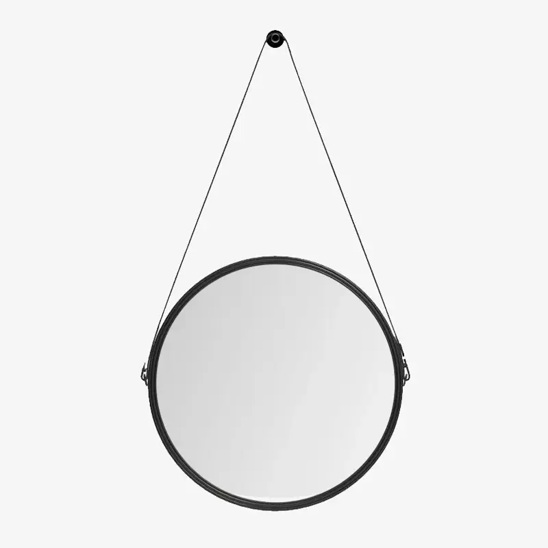 Leather round black hanging wall mirror Usine Directe