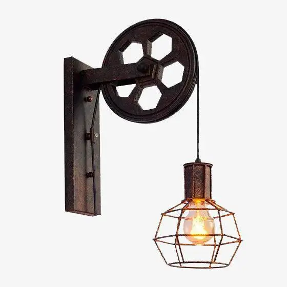 Rustic pulley wall light with industrial cage Commande En Gros