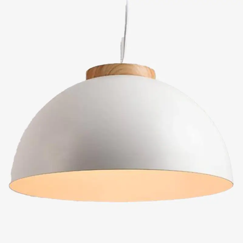 White half-dome metal pendant light with wooden base Paiement Sécurisé