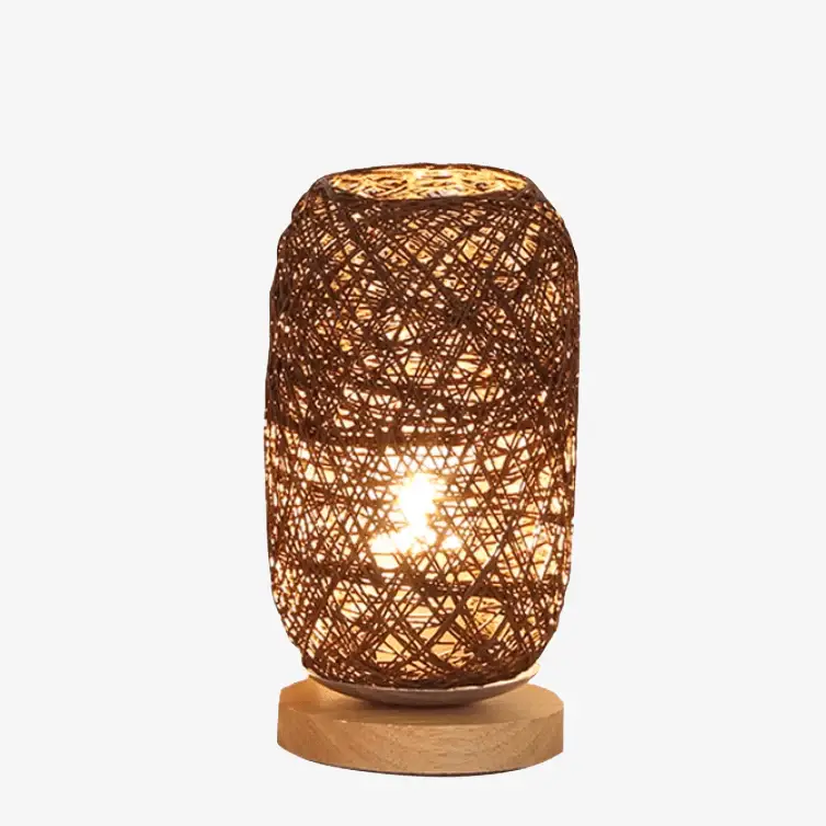 Authentique Rattan table lamp with led, wooden base and rounded shade
