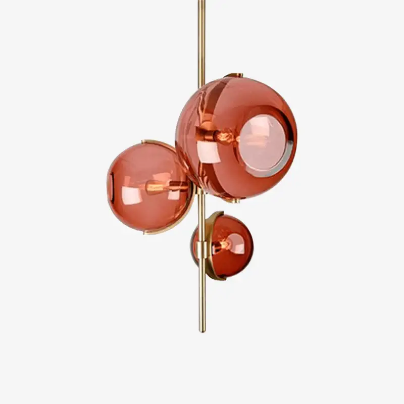 Affaire À Saisir Design led pendant light with gold rod and three red glass globes