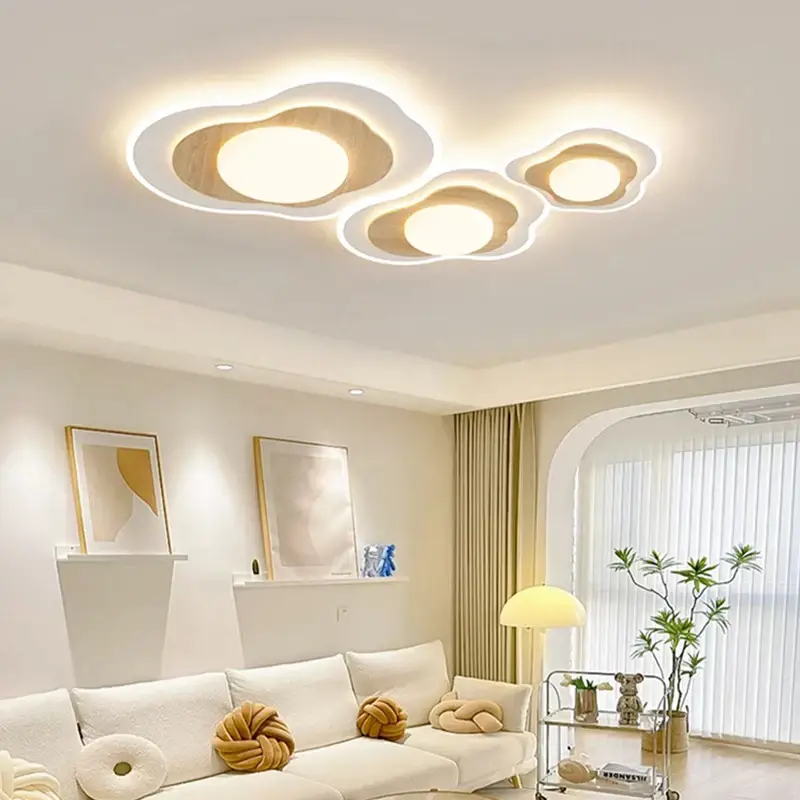 Luxury led ceiling light in white, wood and cream for bedroom, livi... Produit De Marque