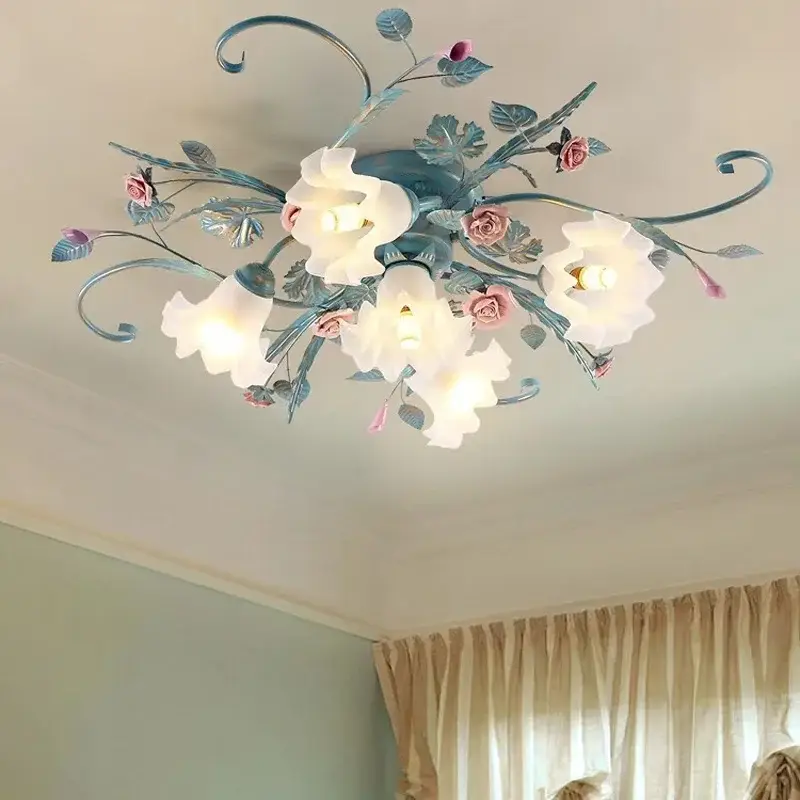 Prix Réduit Handmade iron led ceiling light with rose flower, american korean s...
