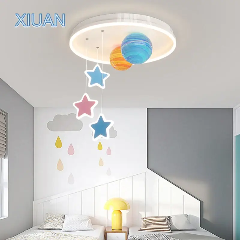 Creative nursery chandelier with colourful glass planets and stars Offre Spéciale
