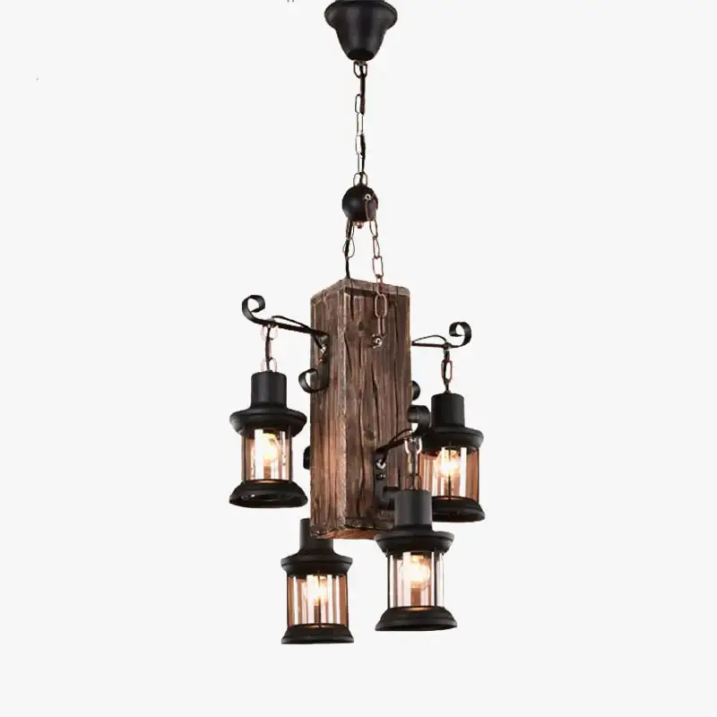Retro wooden chandelier with 4 lights for hotel, café, restaurant Retour Gratuit
