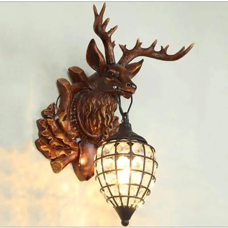 Retro wooden wall light with deer head Réduction