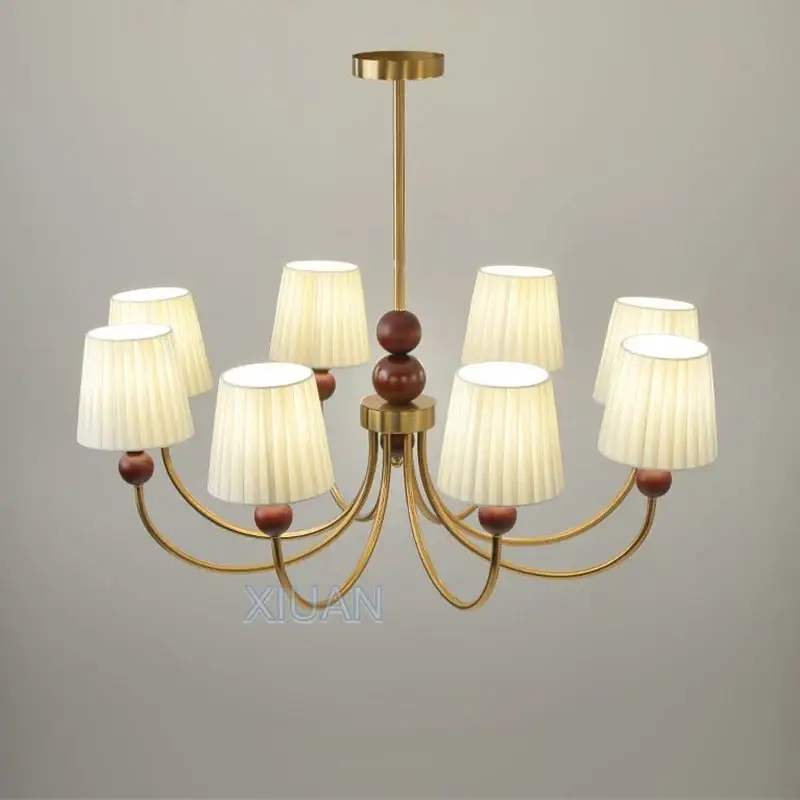Vente Flash American vintage led chandelier with pleated fabric and wabi-sabi wood