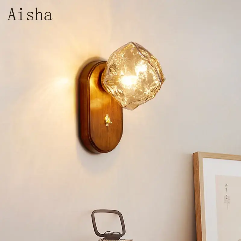 Minimalist japanese wooden wall light with ice cube design Solde
