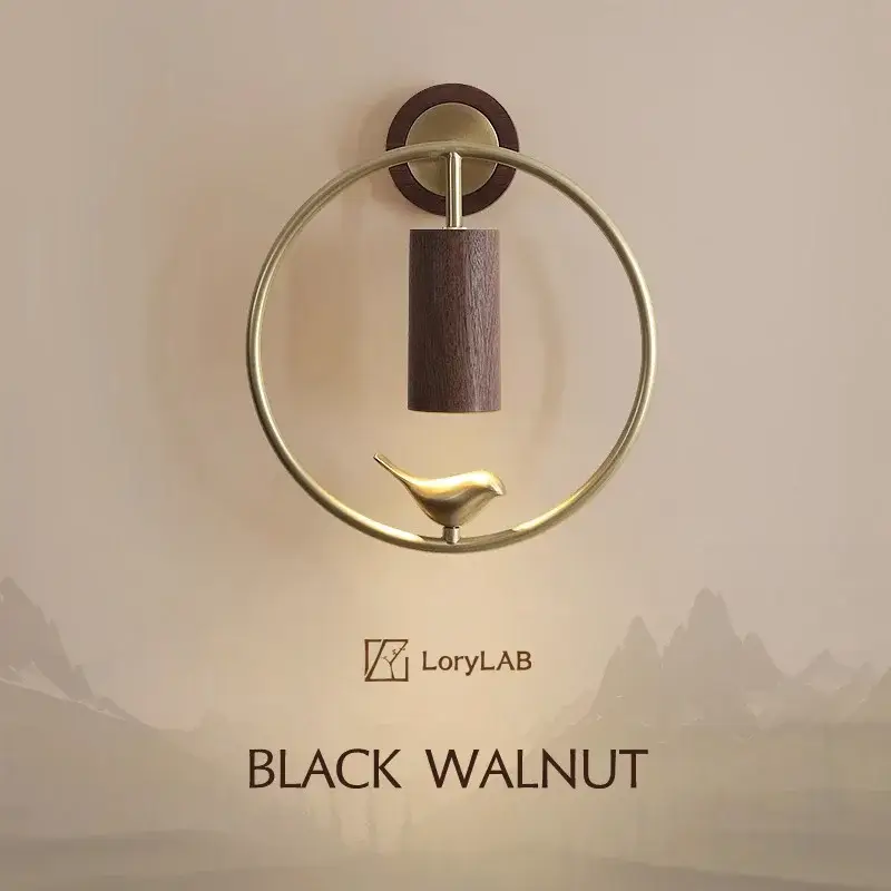 Walnut wood circle brass bird, wabi-sabi modern style, wall sconce ... Certifié