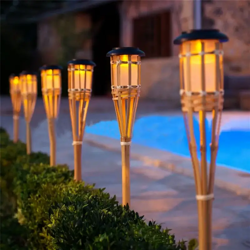 Bamboo solar torch light for outdoor garden Dernier Modèle