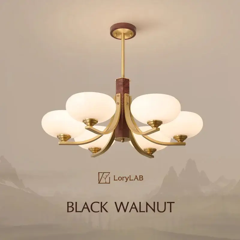 Offre Limitée Walnut wood glass brass, wabi-sabi modern vintage style, chandelier…