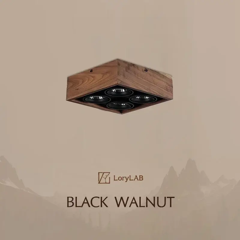 Vente Directe Walnut wood square box, simple modern wabi-sabi style, spotlights a…