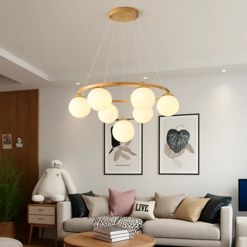 Wooden pendant chandelier with modern glass lamp Prix Cassé