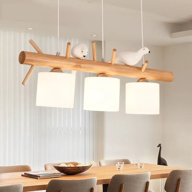 Nordic wood chandelier with glass bird lighting, 2 or 3 heads Meilleure Vente