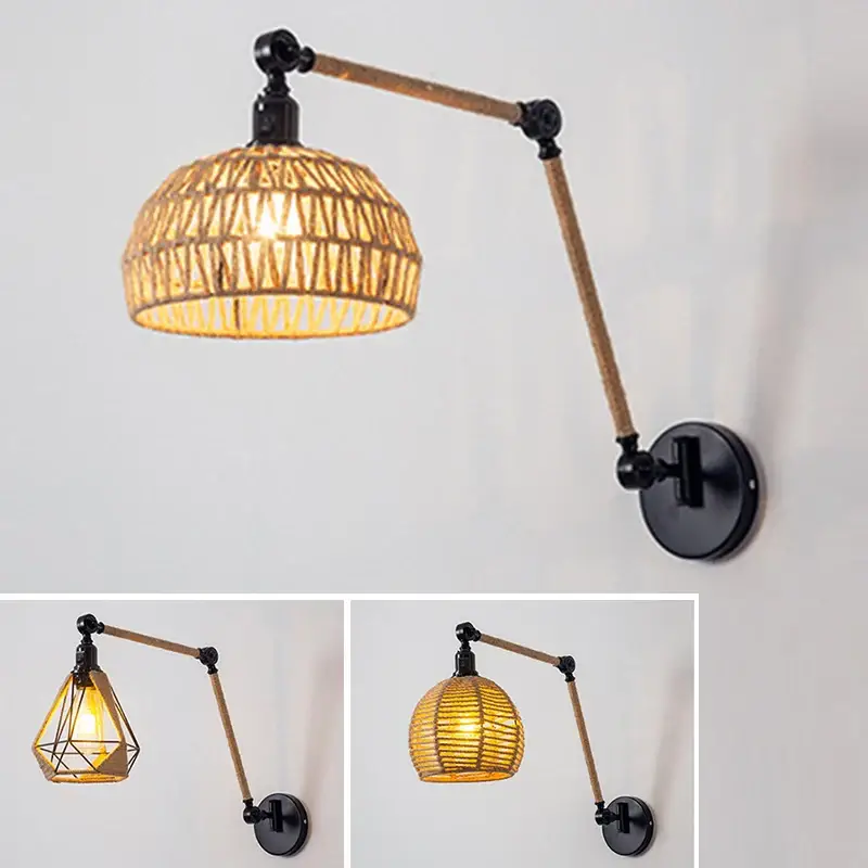 Nordic telescopic wall lamp with adjustable swivel arm and hemp rope Nouvelle Collection