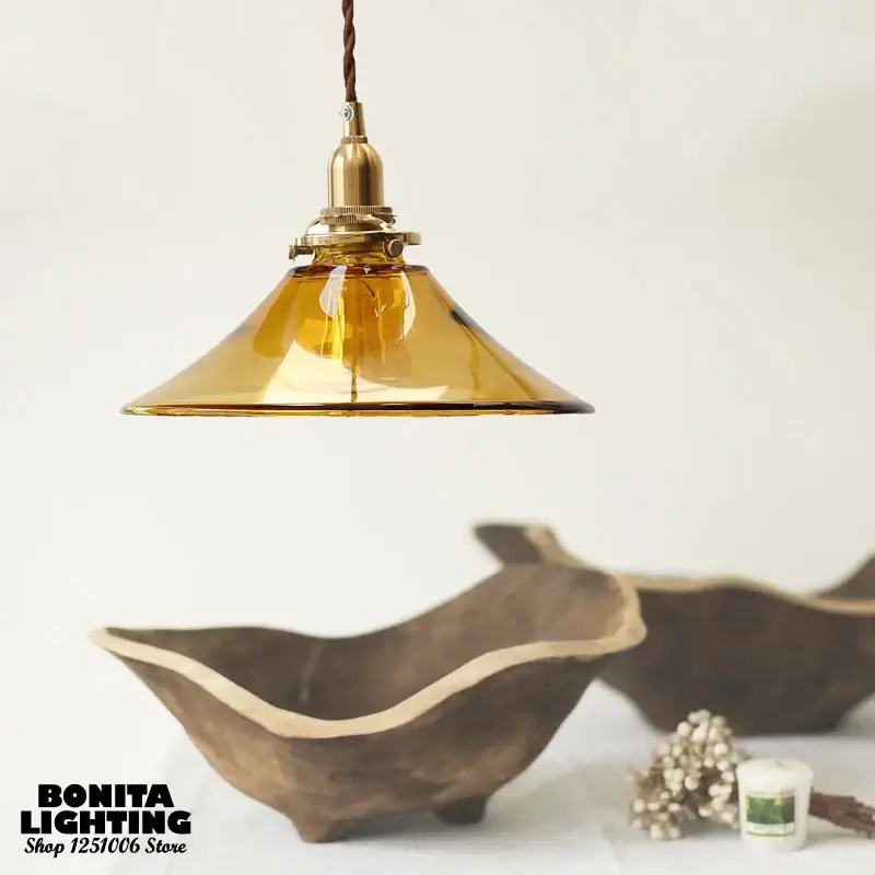 Nouvelle Collection Vintage glass pendant light with brass base and switch