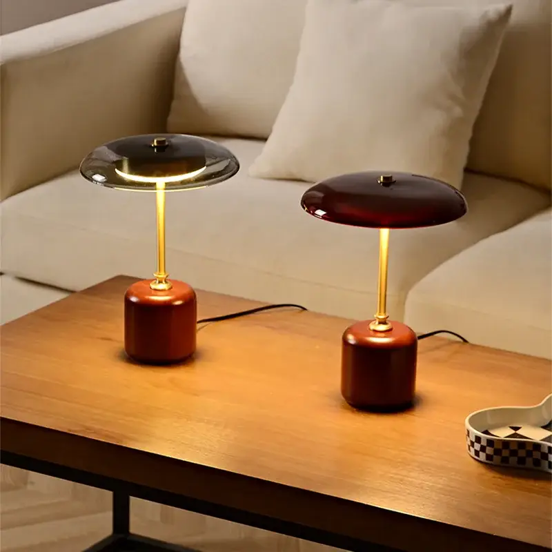 Retro glass, wood and copper designer table lamp Prix Bas