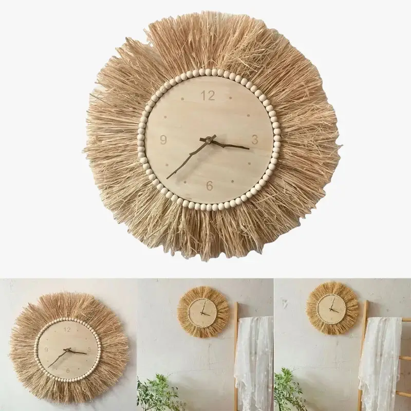 Nordic style handmade woven straw wall clock with moving hands Offre Exclusive