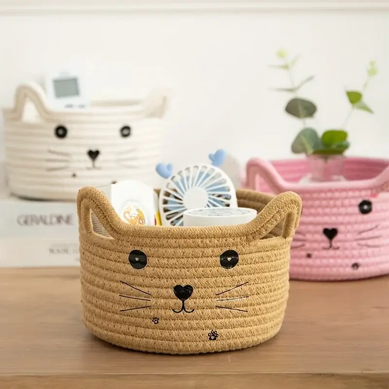 Affaire À Saisir Cat head woven cotton storage baskets for office and home
