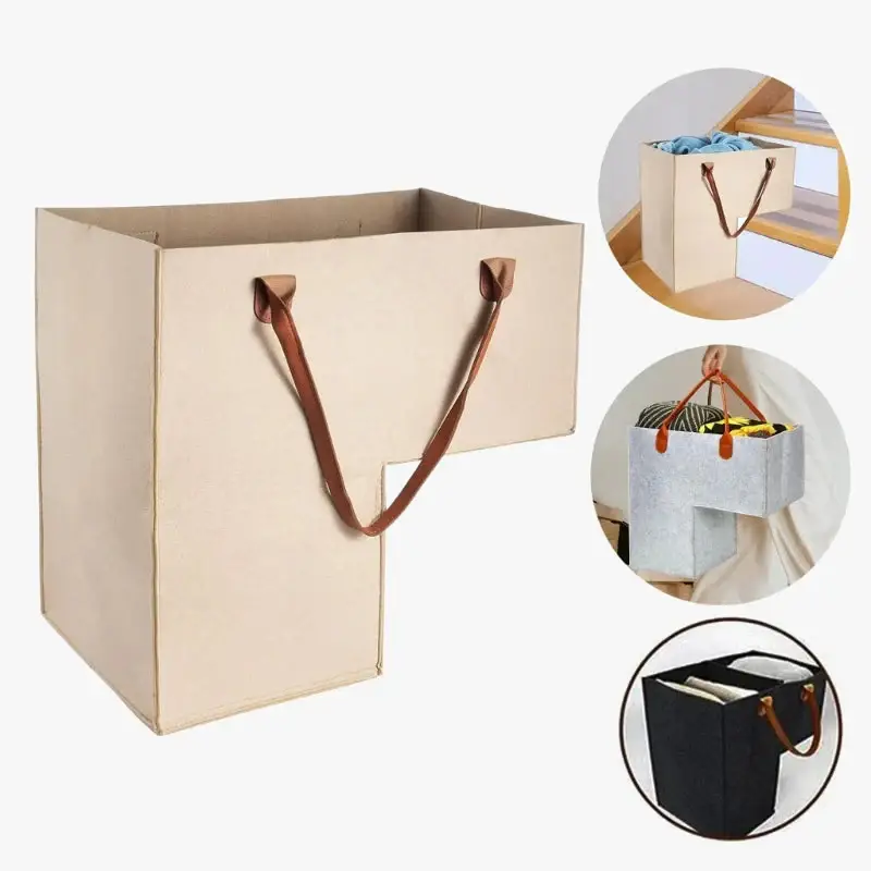 Foldable felt stair basket with leather handles Jusqu&rsquo;à Épuisement Des Stocks