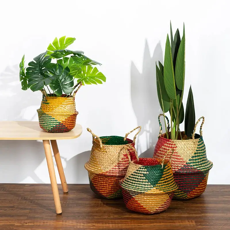 Foldable seagrass storage basket for laundry, toys and decoration Satisfait Ou Remboursé