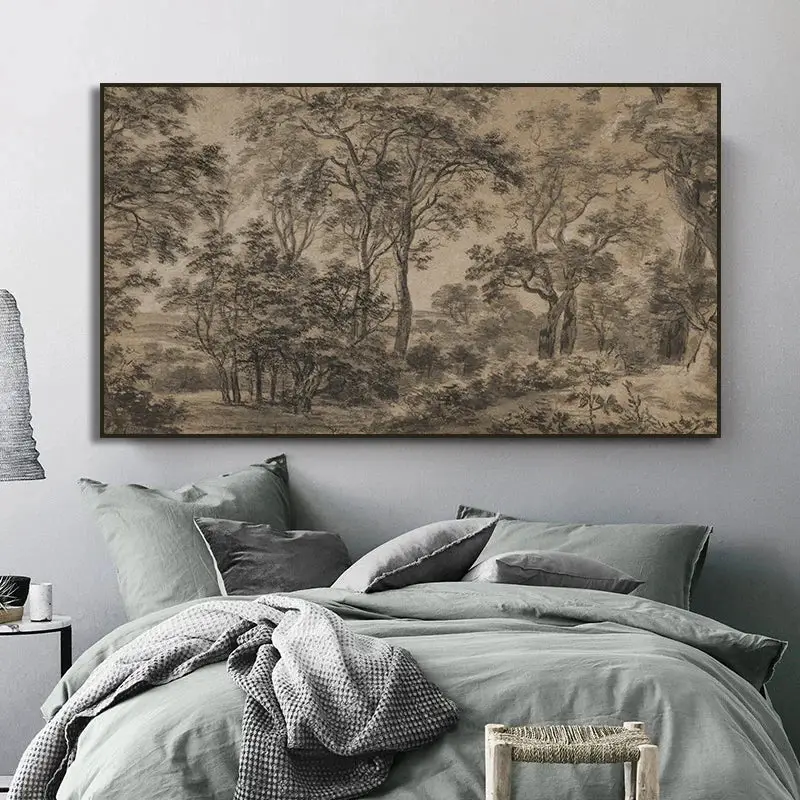 Vintage painting forest landscape neutral artistic style Super Prix