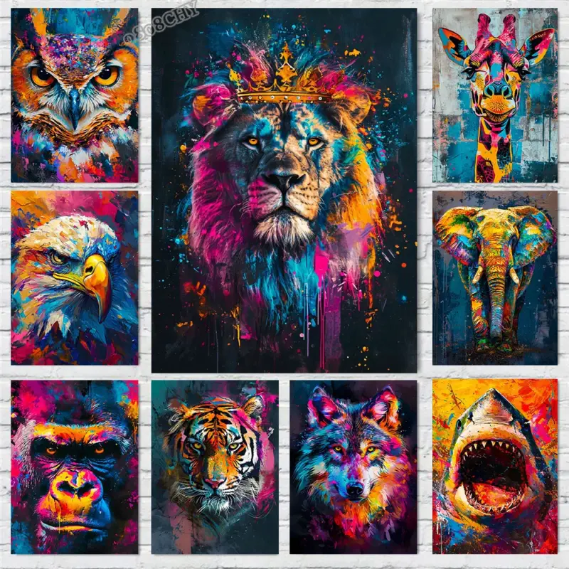 Populaire Abstract painting animals cat lion graffiti colorful wall art