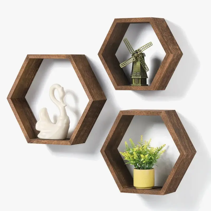 Authentique Hexagonal wooden wall shelf for decorative plants