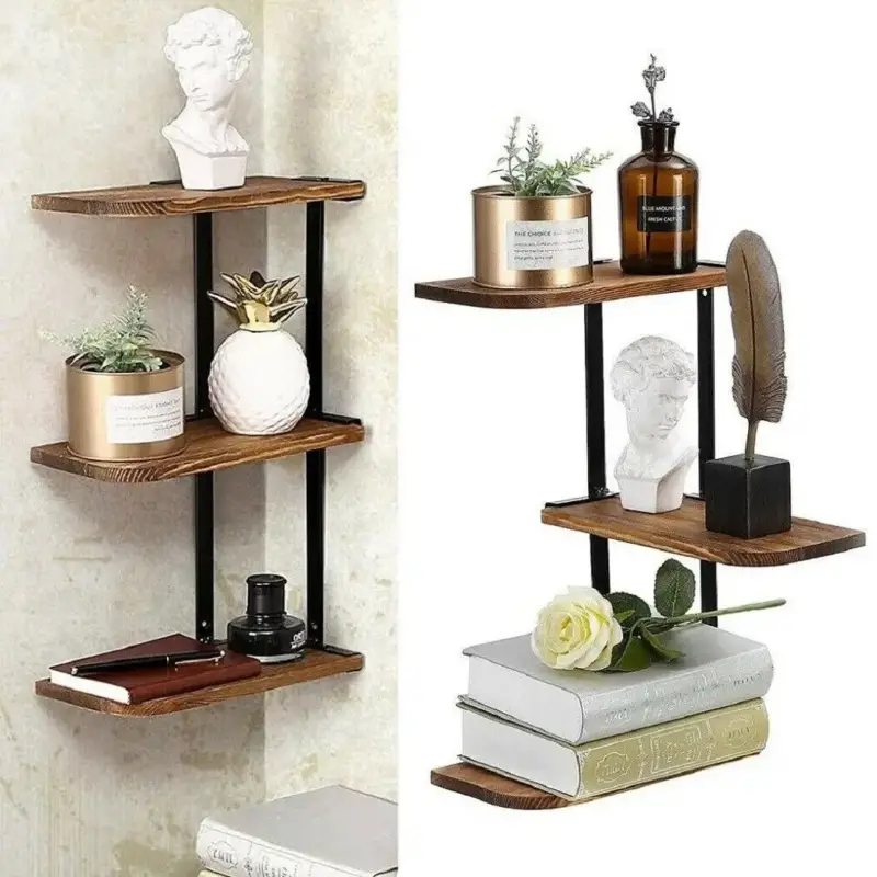 Rustic three-tier wood wall corner shelf Réduction