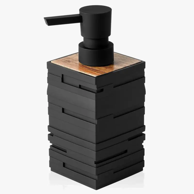 Offre Exclusive Matte black soap dispenser with teak wood decor large capacity