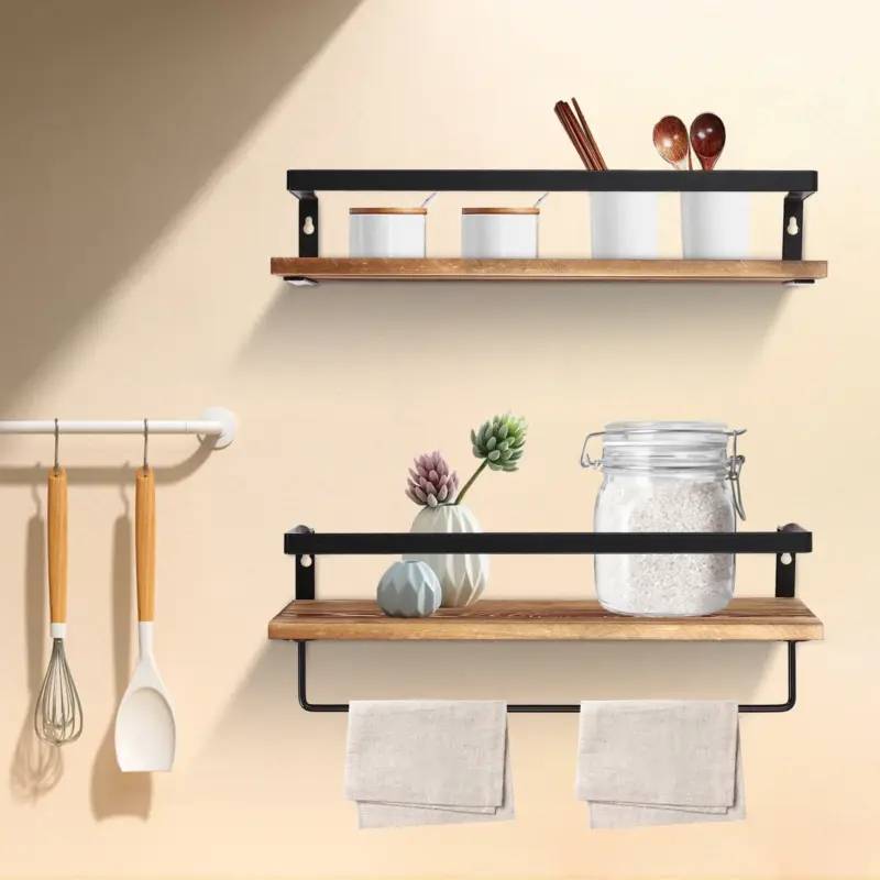 Nouvelle Collection Wooden wall shelf with towel bar for practical storage