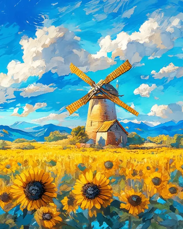 Quantité Limitée Sunflower field and windmill paint by numbers kit handmade decoration