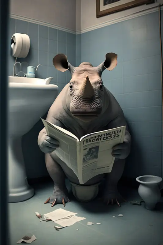 Humorous animal bathroom art on canvas with newspaper print Commander Maintenant