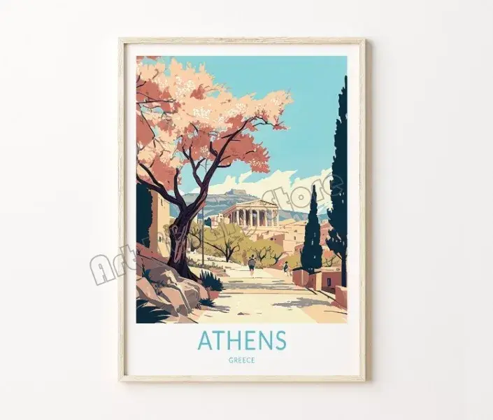Retro travel poster santorini castle and island wall decor Marque