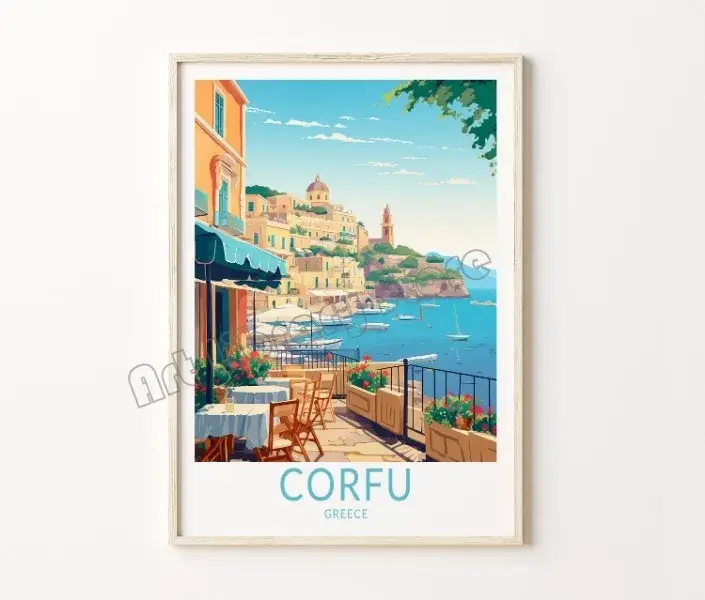 Retro travel poster santorini castle and island wall decor Quantité Limitée