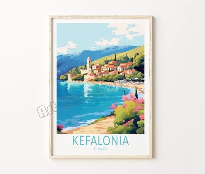 Vente Flash Retro travel poster santorini castle and island wall decor
