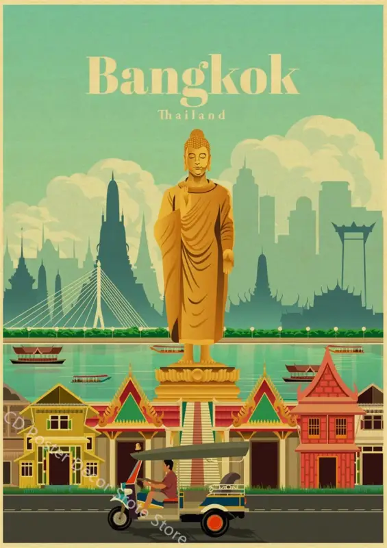 Vintage world cities poster architecture and landmarks Prix Bas