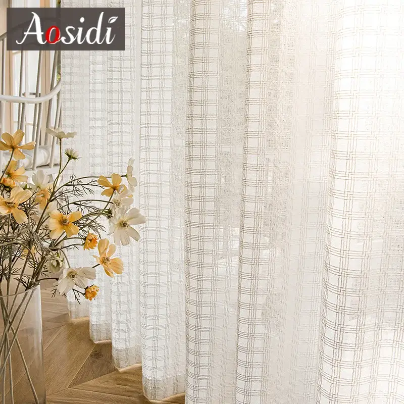Meilleure Vente Linen-effect sheer curtain with checks for living room window