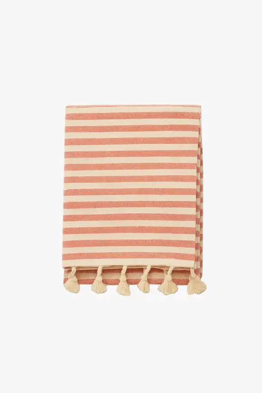 Cotton linen tablecloth with stripes and tassels, bohemian style Authentique