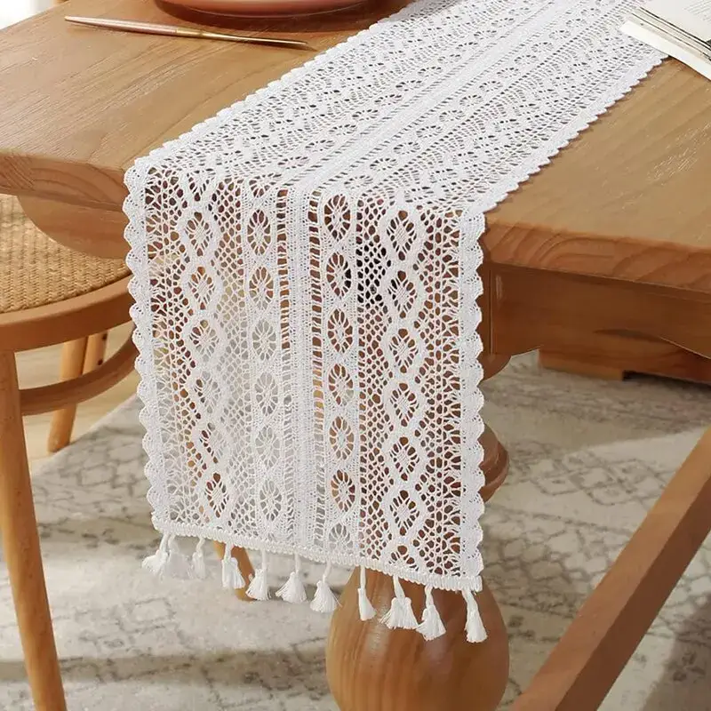 Must-Have Boho crochet lace table runner with ecru tassels