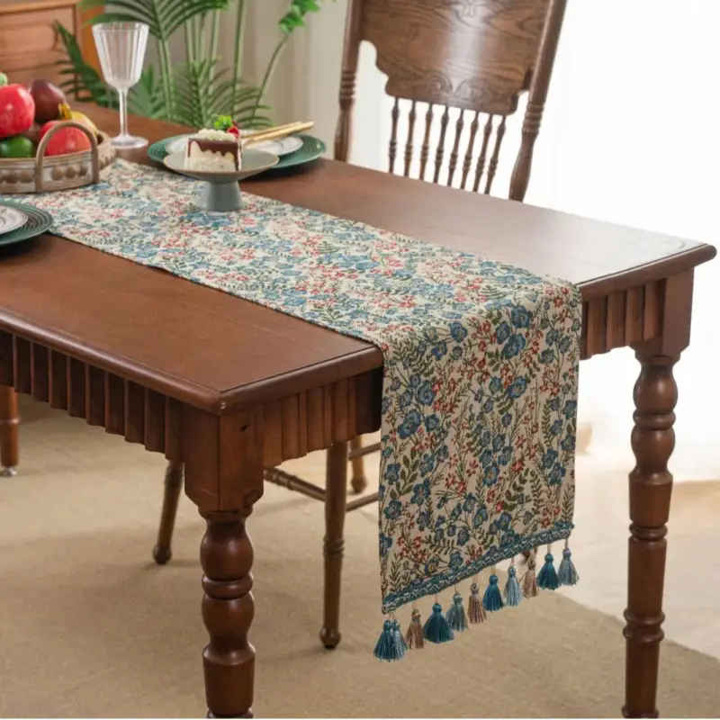 Authentique Green jacquard floral country table runner with tassels