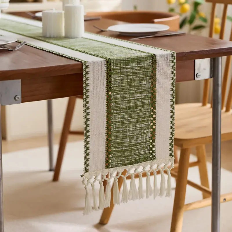 Boho striped beige table runner with woven tassels Bon Marché